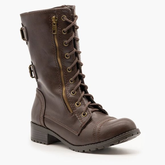 Soda Toddler Detailed Combat Biker Faux Leather Boots w/ Zippers -Brown - Size 9 - Picture 1 of 5